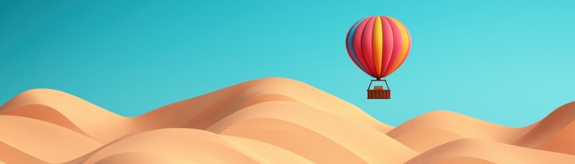 A colorful hot air balloon floats over rolling sand dunes under a clear blue sky, creating a scenic and tranquil desert landscape.