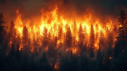 A forest fire burns intensely, with flames lighting up the trees, symbolizing the dangers of wildfires.