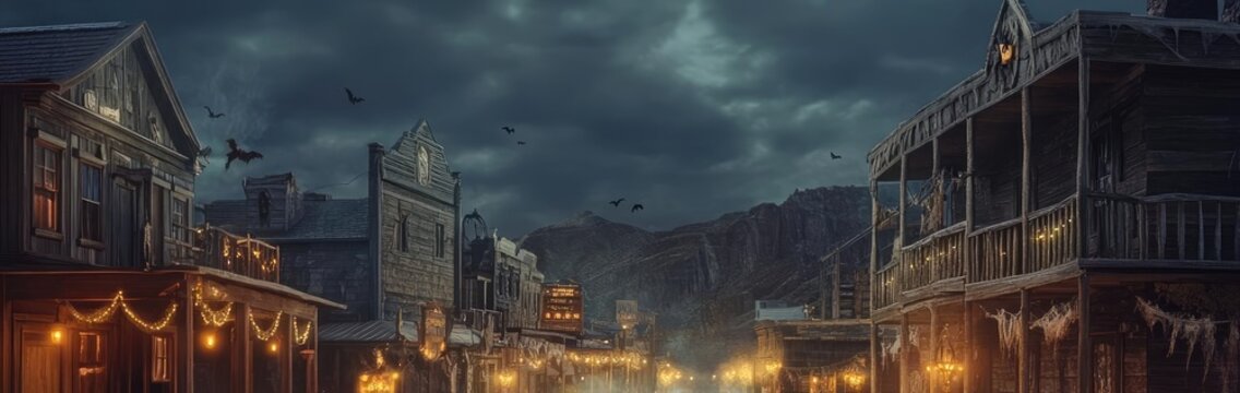 A spooky Halloween night in an old western town, filled with jack-o'-lanterns, eerie lights, and a mysterious atmosphere.