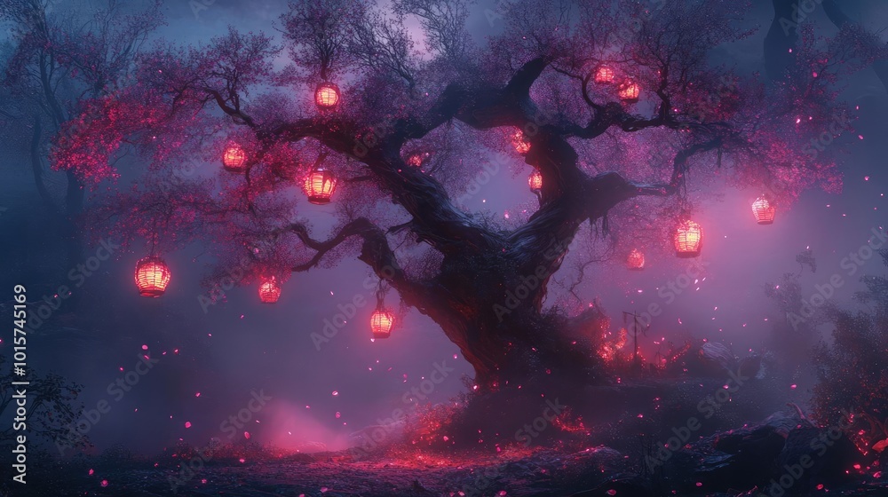 Poster A mystical tree illuminated by glowing lanterns in a foggy forest, creating an enchanting and serene atmosphere.