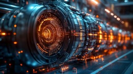 Obraz premium Futuristic factory floor, a digital twin of an intricate machine, AI-driven precision controls fine-tuning mechanisms in a glowing virtual environment