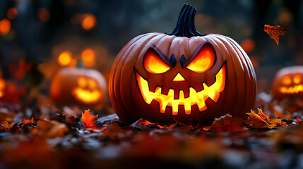 A Carved Pumpkin with an Evil Grin Glows Brightly in the Autumn Leaves, While Other Pumpkins Surround It in a Dark Forest Setting