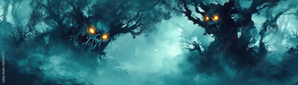 Poster eerie landscape with mystical trees and glowing eyes, creating a haunting atmosphere in a foggy fore