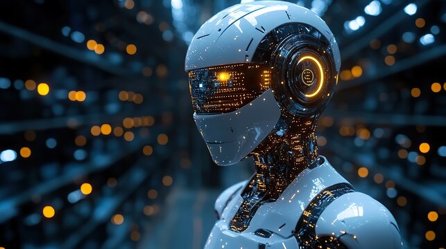 A futuristic concept featuring a robot AI with global technology themes, symbolizing security and machine learning in business.