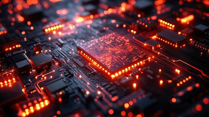 A futuristic concept of data processing within server circuit boards, with vibrant color codes and dynamic visuals.