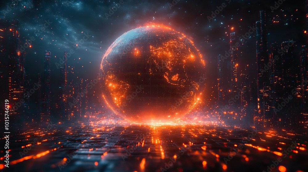 Canvas Prints a futuristic cyber space image with a digital globe, showcasing metaverse technology and connectivit