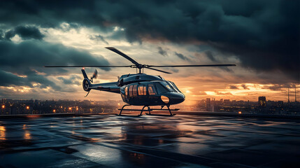 A helicopter on a wet landing pad illuminated by a dramatic sunset sky.