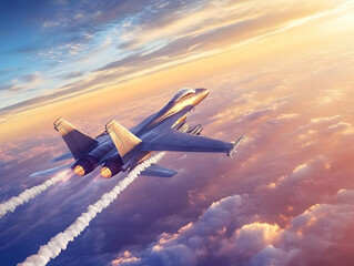 A modern fighter jet soaring through clouds at sunset, showcasing advanced aerodynamics and power in the sky.