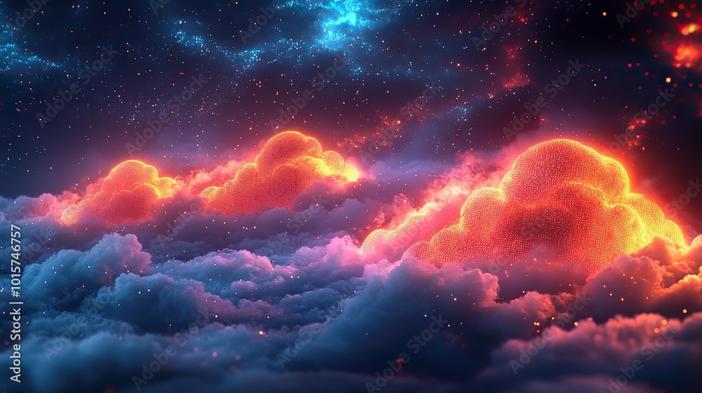 Poster a futuristic representation of cloud computing with neon lights, highlighting advanced technology in