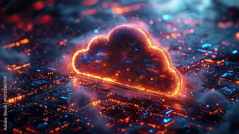 Wall mural a futuristic representation of cloud computing with neon lights, highlighting advanced technology in