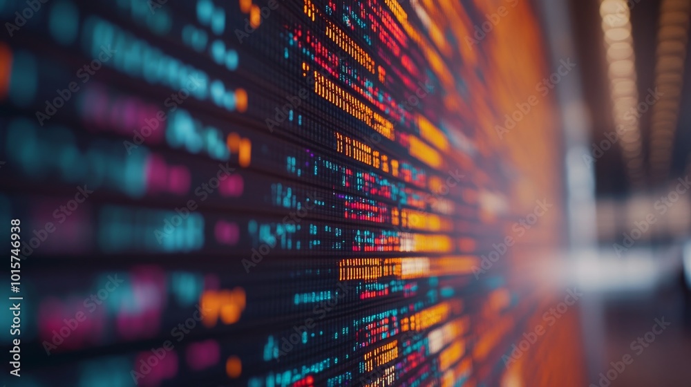 Poster An LED display showcases rapidly changing binary code interwoven with bright colors, symbolizing the essence of contemporary data security and technology in a digital landscape