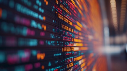 An LED display showcases rapidly changing binary code interwoven with bright colors, symbolizing the essence of contemporary data security and technology in a digital landscape