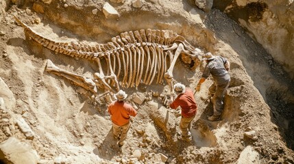 Fossil excavation site: Archaeologists uncovering dinosaur bones buried under layers of earth and...