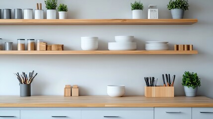 Fototapeta premium Create a sleek, modern workshop organization side view Incorporate shelves, tools, and storage units with a minimalist aesthetic