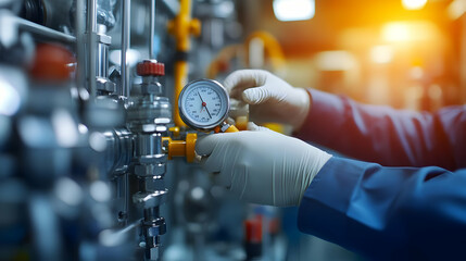 A technician in protective gloves checks a pressure gauge on industrial equipment in a factory setting.