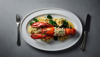 Close-up of plated seafood dish, no person present, focus on culinary presentation