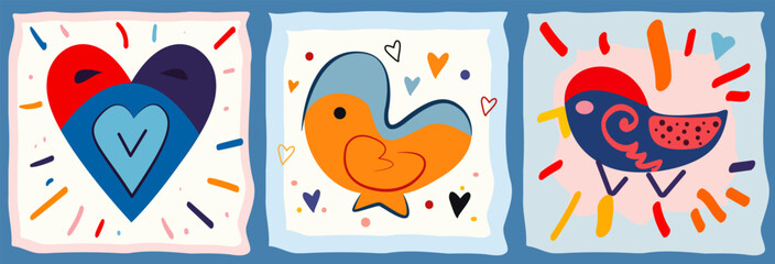 Three vector elements for decoration. Heart, birds