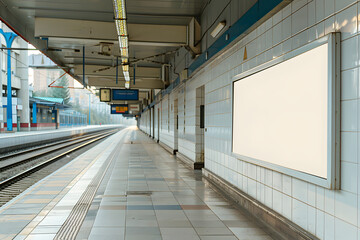 Obraz premium A blank empty canvas poster screen board hanging on a wall at a railway station