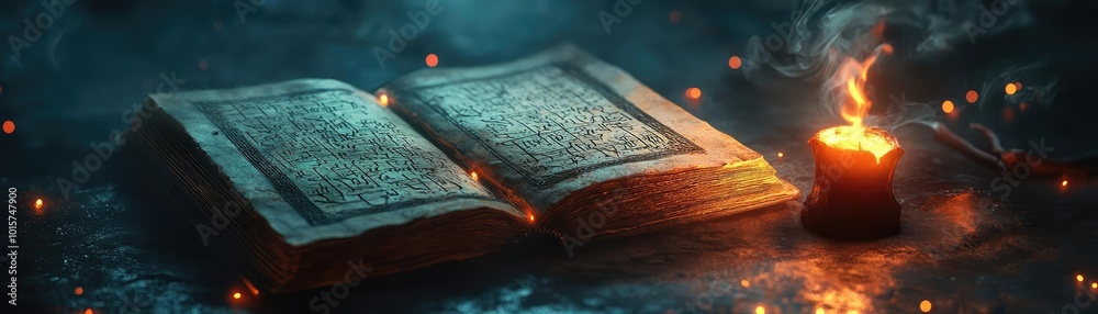 Aufkleber a mystical scene featuring an open book and a glowing candle, surrounded by enchanting light and atm