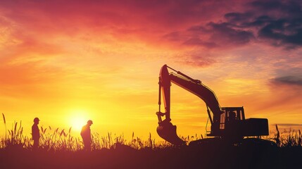 Silhouettes of Workers and Excavator at Sunset