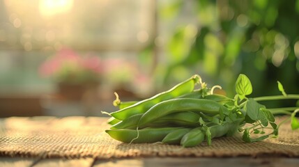 a pile of green beans sitting on top of a wooden table