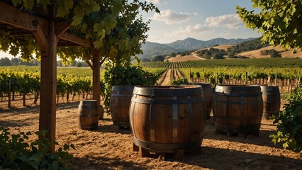 Fototapeta premium Portray Dionysus brewing wine in a vineyard, surrounded by vines and wine barrels, set against a bountiful vineyard and sunny background, showcasing craftsmanship and abundance.