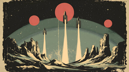Vintage Illustration of Three Spaceships Launching from an Alien Planet with Red Moons in the Background