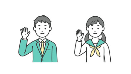 片手を上げて挨拶をする男女の学生の上半身イラスト
