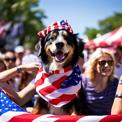 A dog in a stars-and-stripes bandana, sitting proudly in a parade float, celebrating Patriotic Day with family fun.
