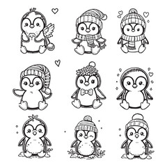 set of cute penguin for coloring page