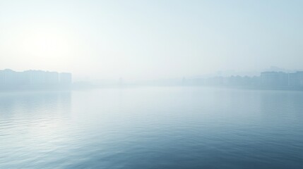 Fototapeta premium City Skyline obscured by fog and haze over a calm body of water.