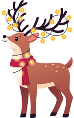Reindeer with Christmas Lights Hanging From Its Antlers Clip Art. Christmas and Winter Illustration