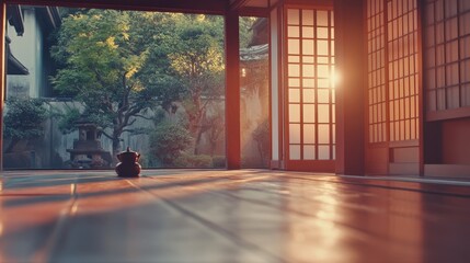 Fototapeta premium Tranquil Japanese Garden Pavilion at Sunset