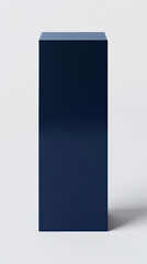Tall glossy navy blue box, bottom left on white background, high-reflective surface, soft shadow.