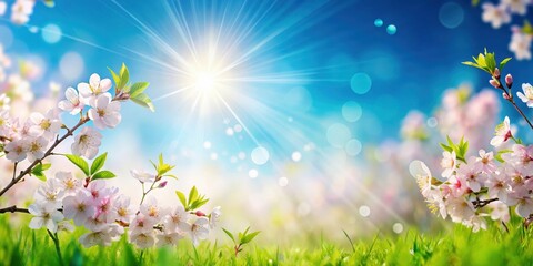Obraz premium Spring Blossoms Under a Sunlit Sky with a Blurred Background of Green Grass and Flowers