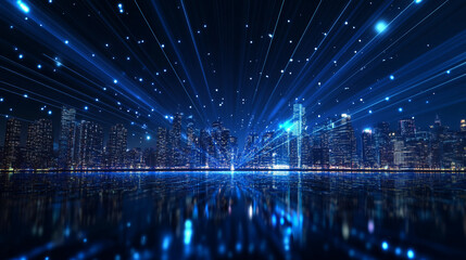 Futuristic City Skyline with Glowing Lights and Reflections on a Dark Background