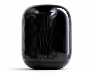Obraz premium Modern black smart speaker on a white isolated background, showcasing sleek design and advanced audio technology.