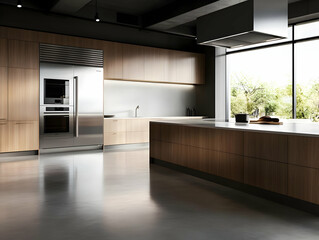 Modern kitchen interior with sleek wooden cabinets and large windows showcasing natural light.