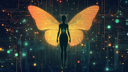 A silhouette of a figure with butterfly wings against a vibrant digital background filled with glowing orbs and circuit patterns