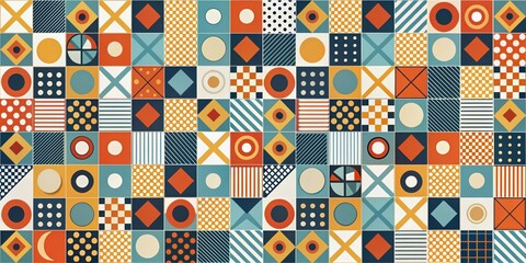 A Colorful Geometric Pattern of Interlocking Tiles with Circles, Squares, Diamonds, and Stripes