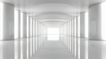 Obraz premium A 3D Render of a White Corridor with Columns and a Bright Light at the End
