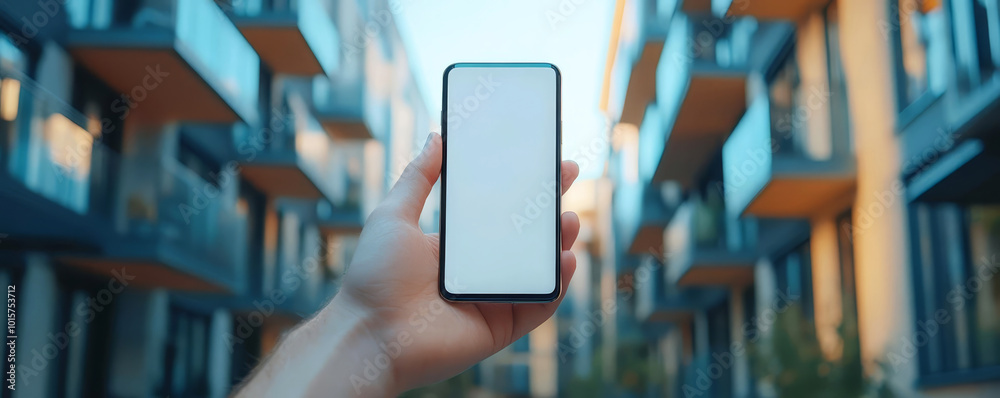 Wall mural hand holding smartphone against a modern apartment building backdrop, bright urban setting.