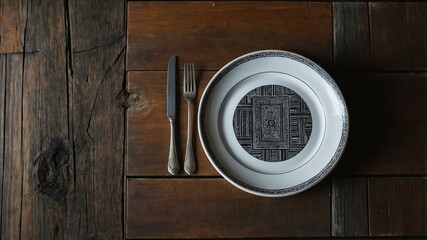 Fototapeta premium aesthetic layered stacks plate design art, top view on rustic wooden table