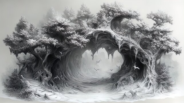 A surreal black-and-white illustration of an enchanted forest featuring intricate, twisted trees and a mystical atmosphere. The landscape is characterized by an otherworldly quality, with trees displa