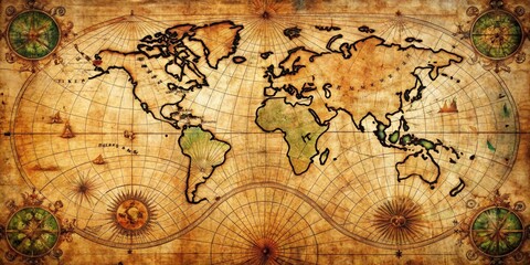 An ancient world map, aged and worn with time, displays the continents in intricate black outlines on a parchment background with intricate compass roses and ornate details
