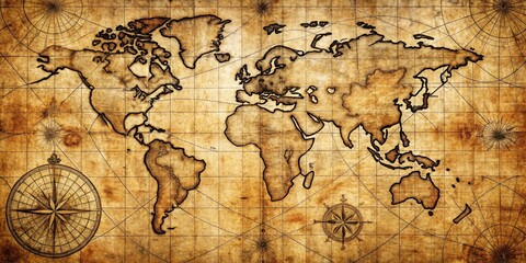 Obraz premium A timeworn world map, drawn in sepia tones, with compass roses and a grid pattern, hinting at the mysteries of exploration and discovery.
