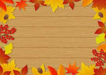 秋の紅葉をイメージしたフレームのイラスト_木目_横向き
