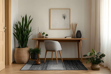 Modern home office with a minimalist design, featuring a wooden desk with decorative items, a chair, and potted plants. A doorway reveals a cozy adjoining room. Home decor. Template.
