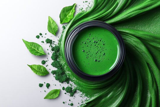 Watercolor scene of a green spirulina smoothie, with flowing, vibrant greens representing detox and immune support through natural supplements
