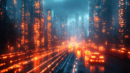 A 3D concept illustration of neural networks in a cyber city, showcasing digital technology, information security, and blockchain.